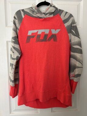 Fox Coral Red Pullover Hoodie with Grey Camo Sleeves